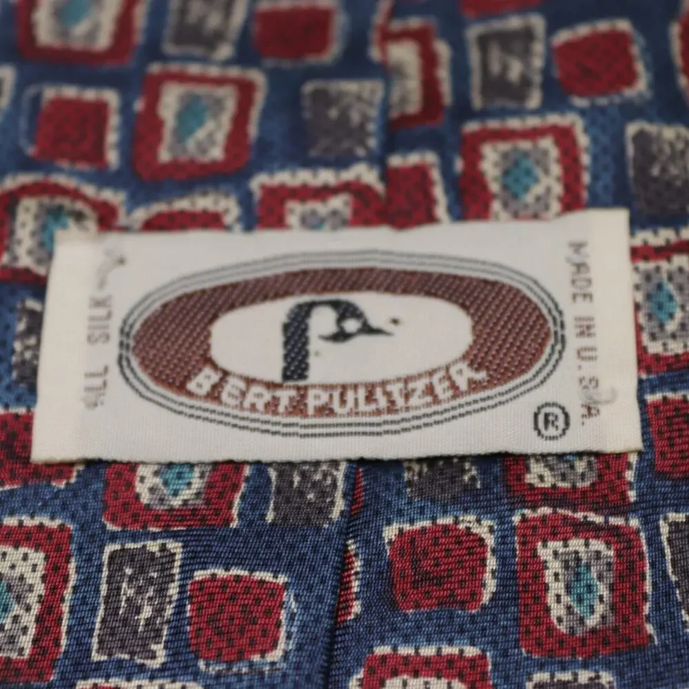 Vtg Bert Pulitzer Tie Mens 54 in Silk Red Blue Multicolor Abstract Checker Wide